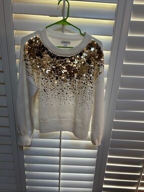 Nine West White Crewneck Sweater with Gold Sequin Yoke